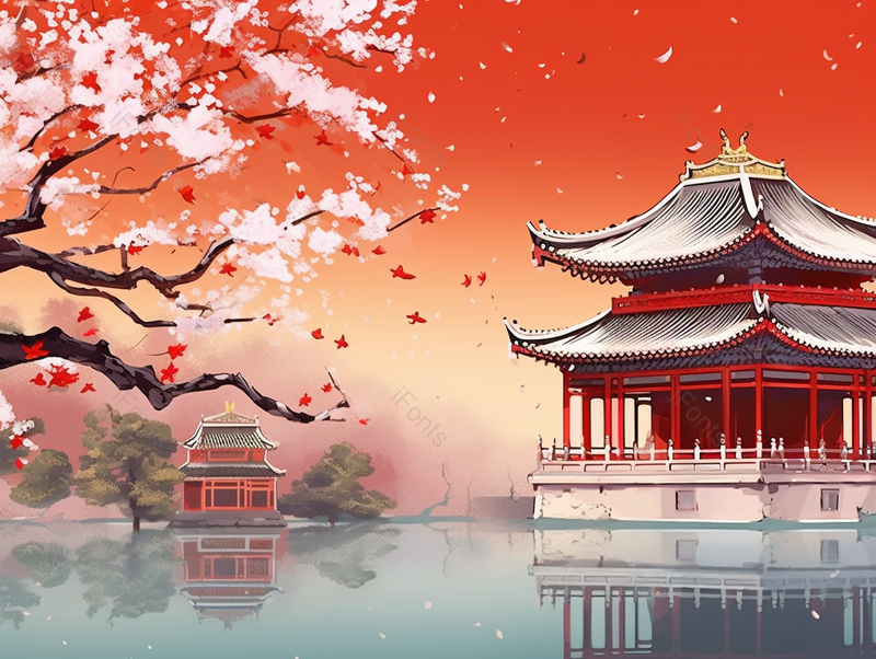 国风西湖大寒小雪时节盛开的梅花和古风建筑倒映在平静的湖面上彩色的手绘插画,插画/手绘图,插画/手绘图库,插画/手绘图下载,插画/手绘